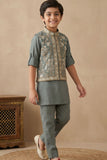 Pastel Green Embroidered Kurta Set with Nehru Jacket For Boys