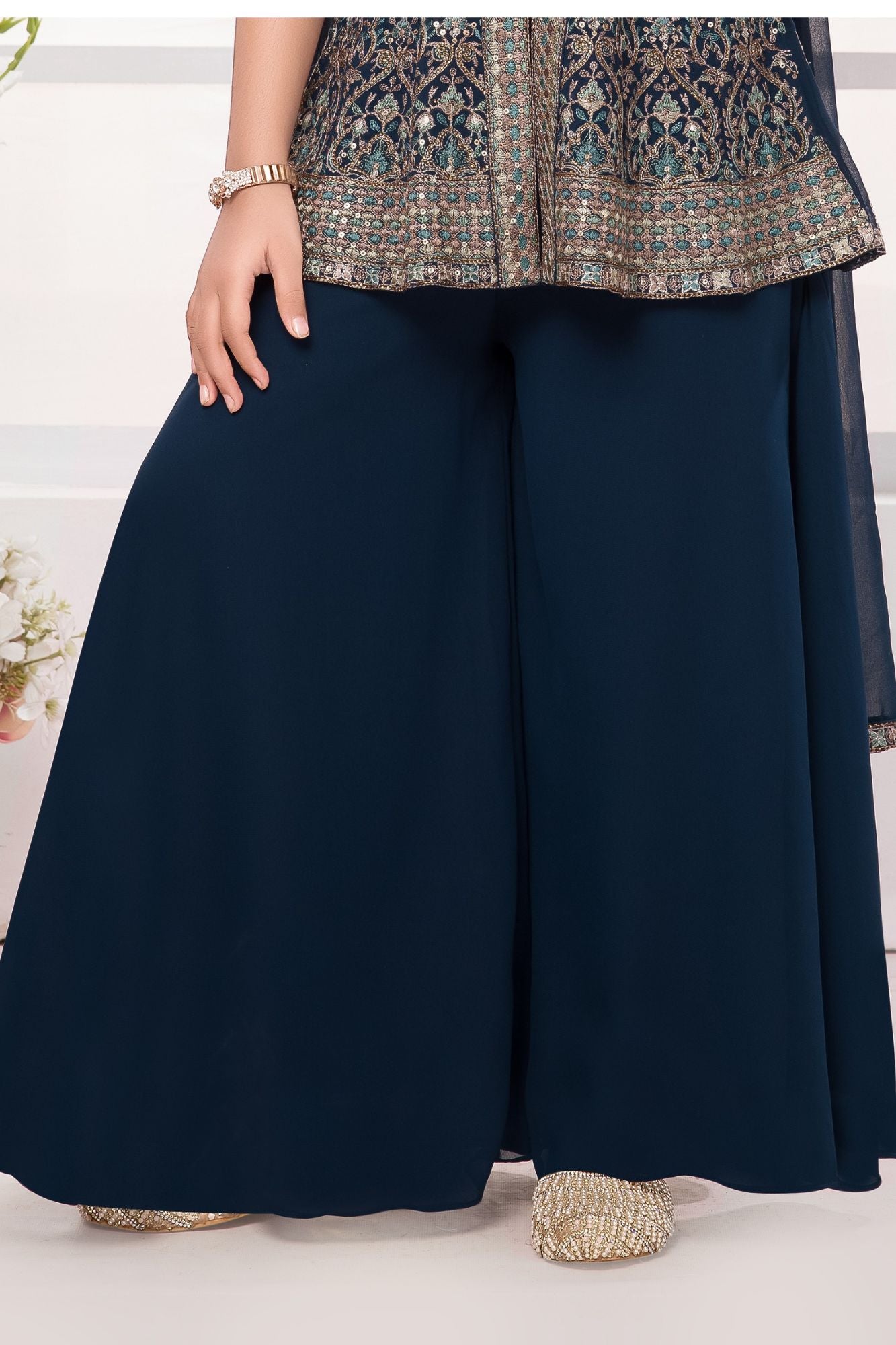 Navy Blue Embroidered Palazzo Set For Girls