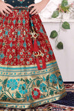 Teal Blue And Maroon Pattu Pavadai Set With Floral And Geometric Embroidery for Girls