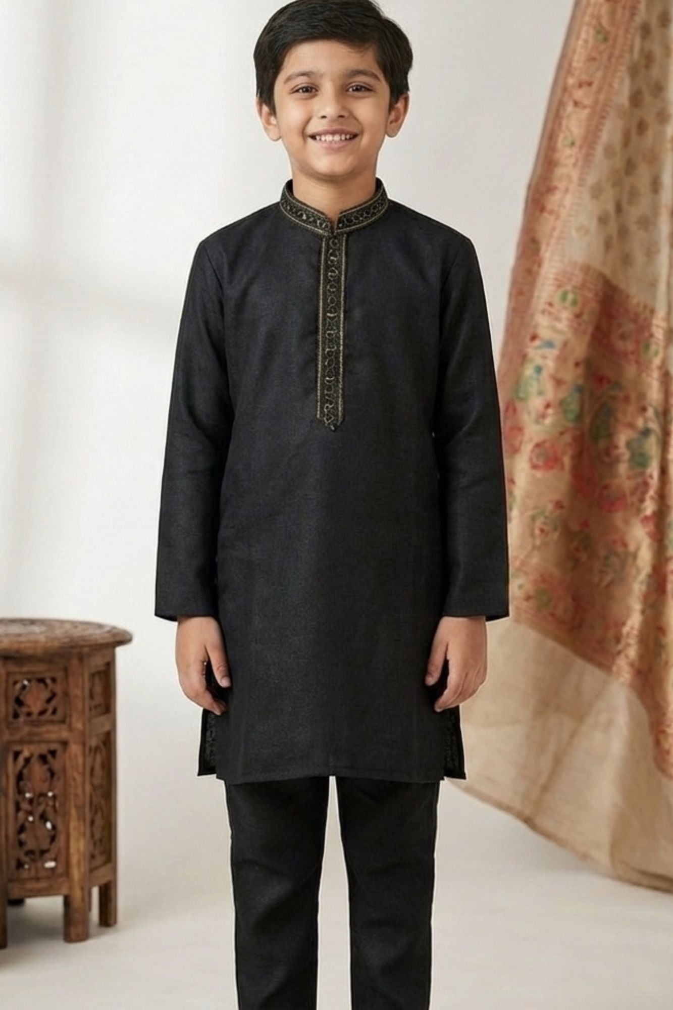 Black Embroidered Linen Kurta Set For Boys