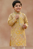 Boys Mustard Yellow Printed Kurta Set with White Pajama