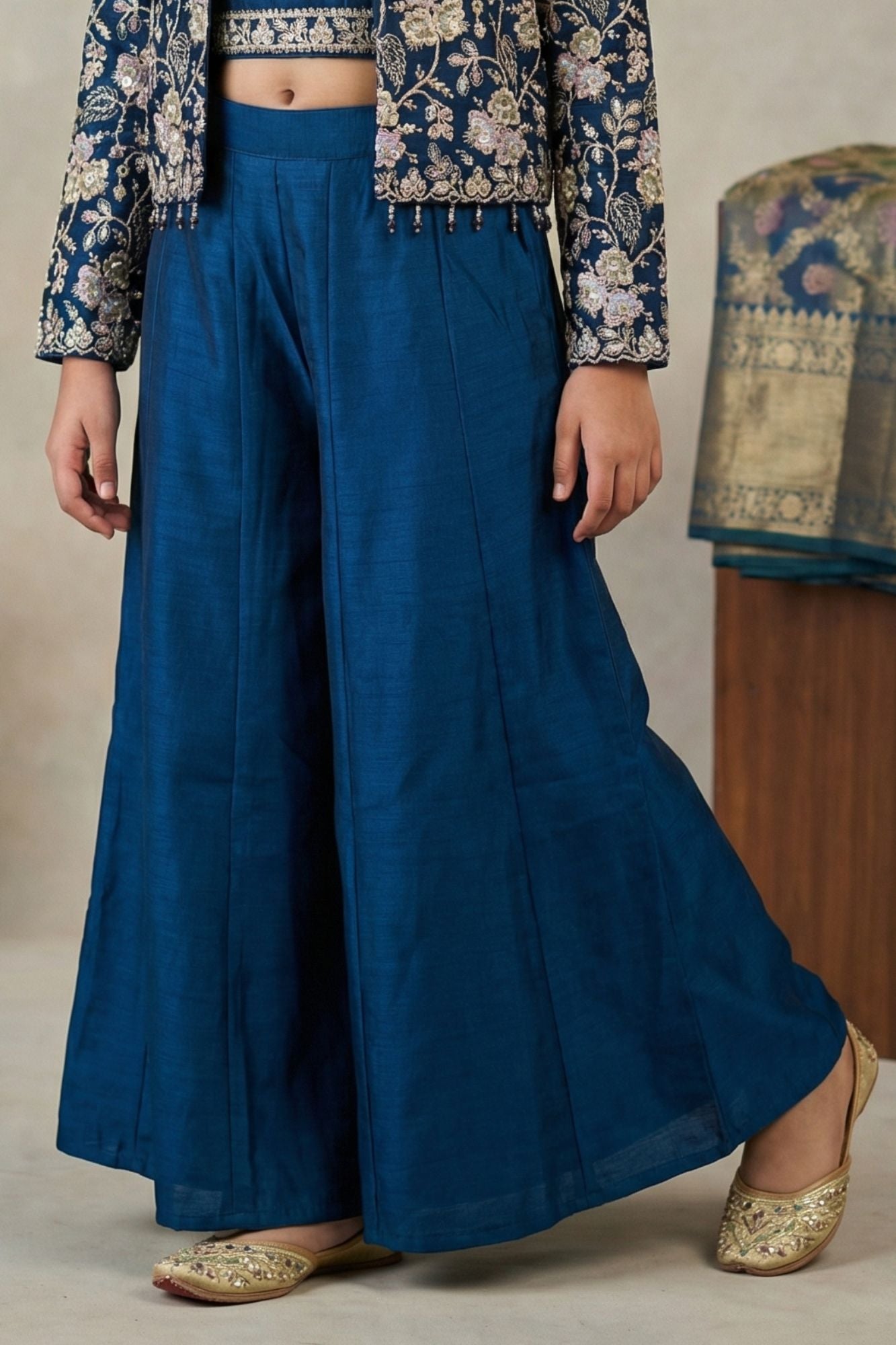 Blue Embroidered Palazzo Set With Jacket for Girls