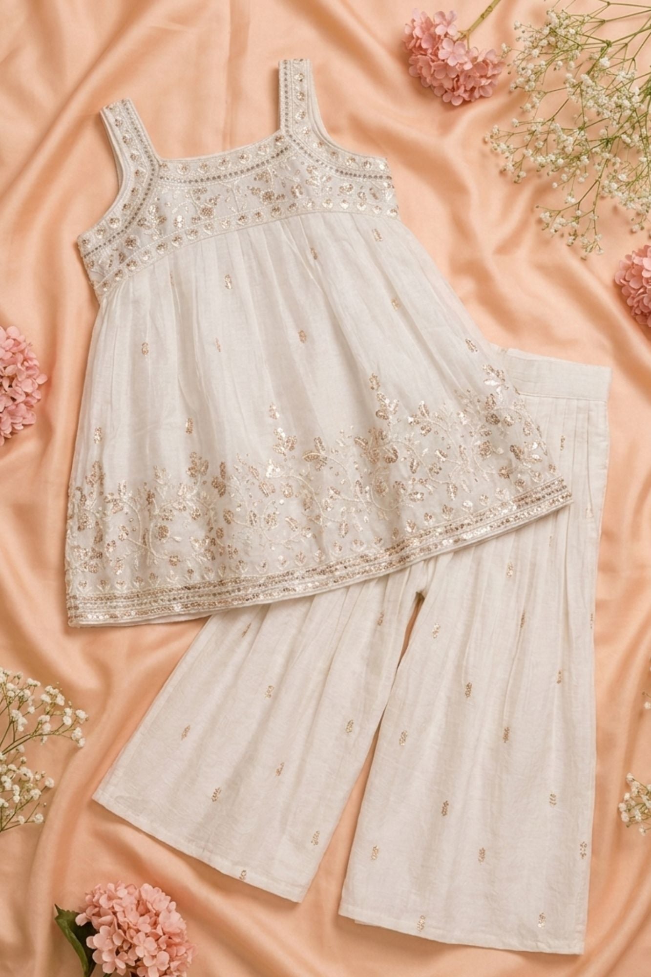 White Palazzo Set With Gold Sequin Embroidery for Girls