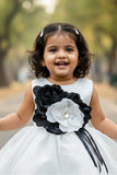 White Party Wear Frock with Oversized Black & Grey Floral Appliqué For Girls