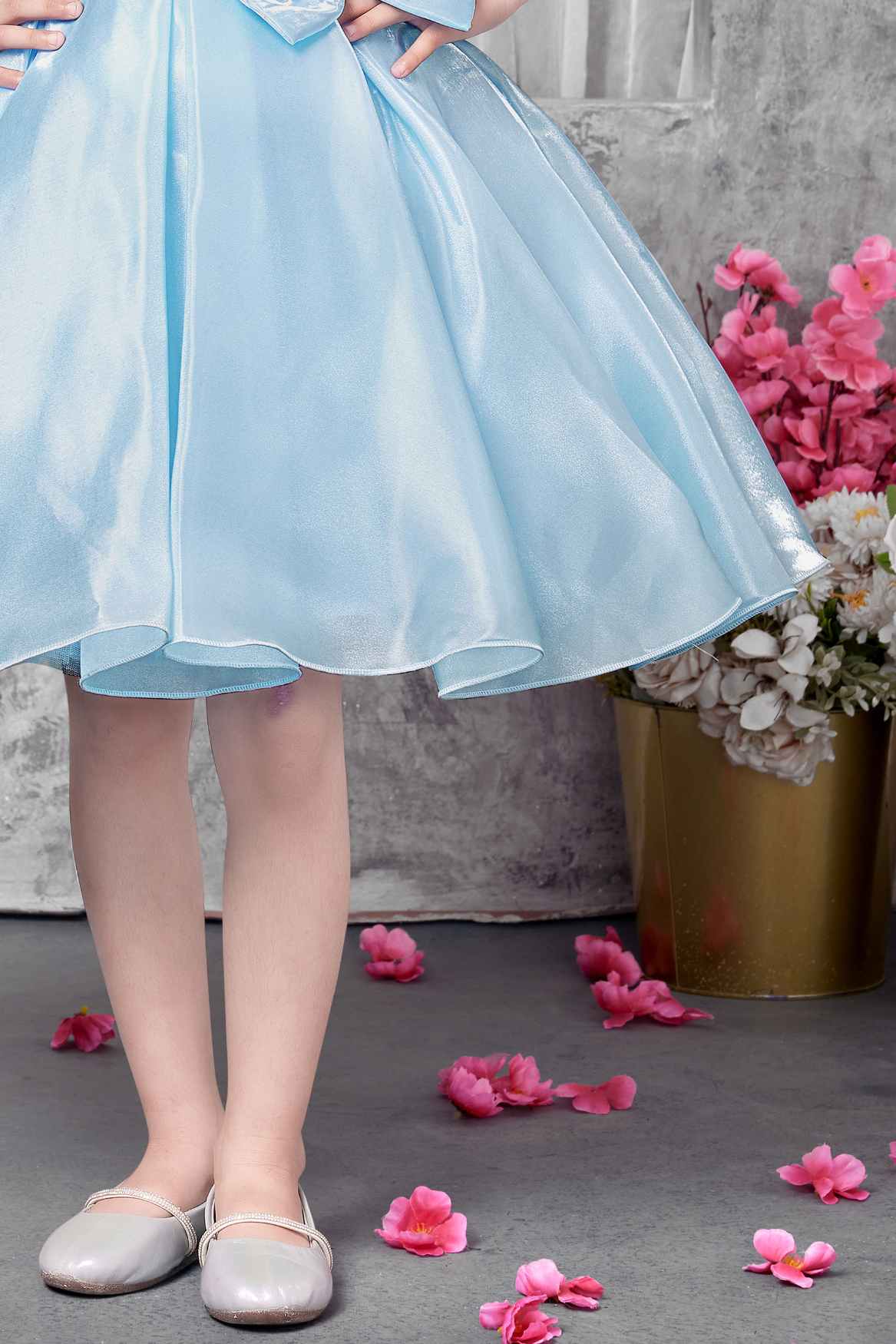 Sky Blue Puff-Sleeve Party Frock With Butterfly Embellishment For Girls