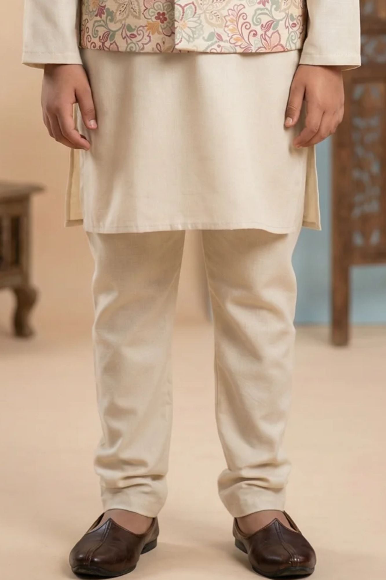Boys Cream Kurta Set with Floral Printed Nehru Jacket