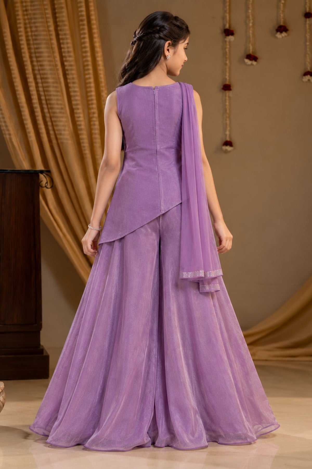 Girls Lavender Sequin Embroidered Asymmetric Palazzo Set With Dupatta