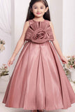 Onion Pink Party Wear Gown with 3D Floral Pleated Bodice for Girls