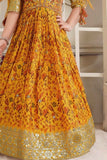Mustard Printed And Sequin Gown For Girls