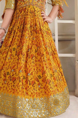 Mustard Printed And Sequin Gown For Girls