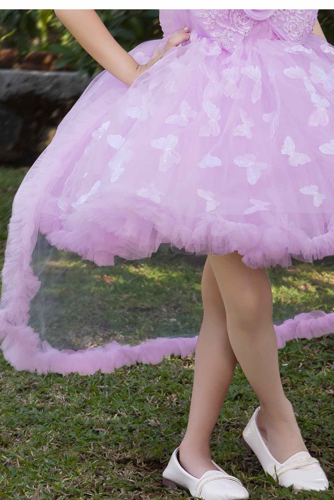 Lavender Butterfly And Floral Embellished Party Wear Tailback Frock for Girls