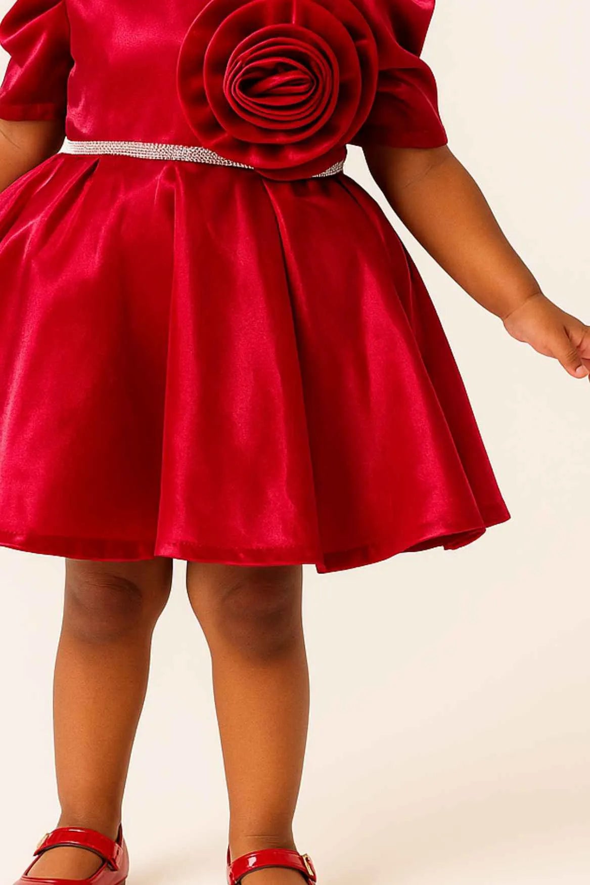 Red Puff Sleeve Party Dress With Oversized Rosette For Girls