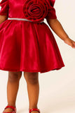 Red Puff Sleeve Party Dress With Oversized Rosette For Girls
