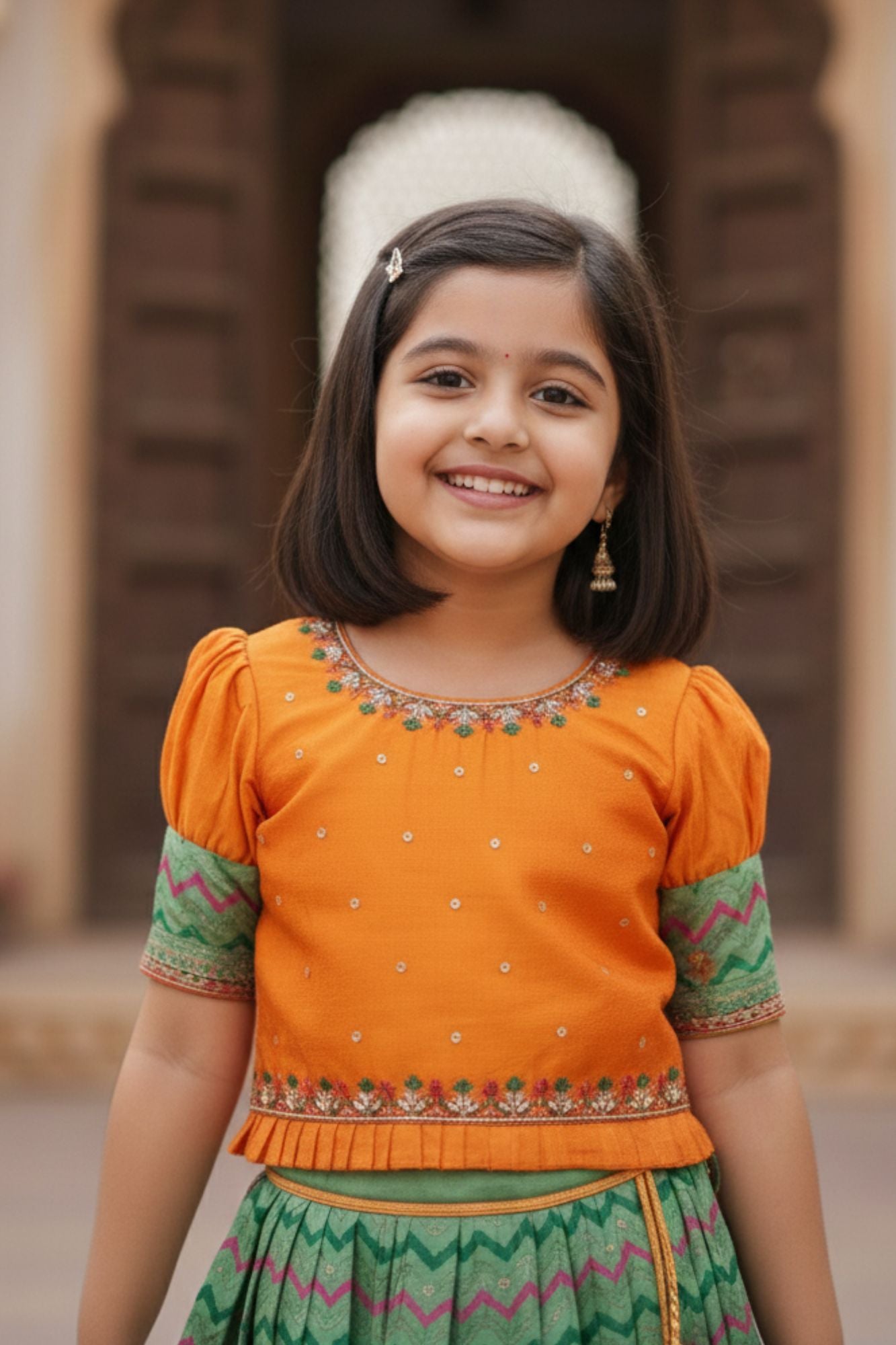 Yellow And Green Printed Silk Pattu Pavadai For Girls
