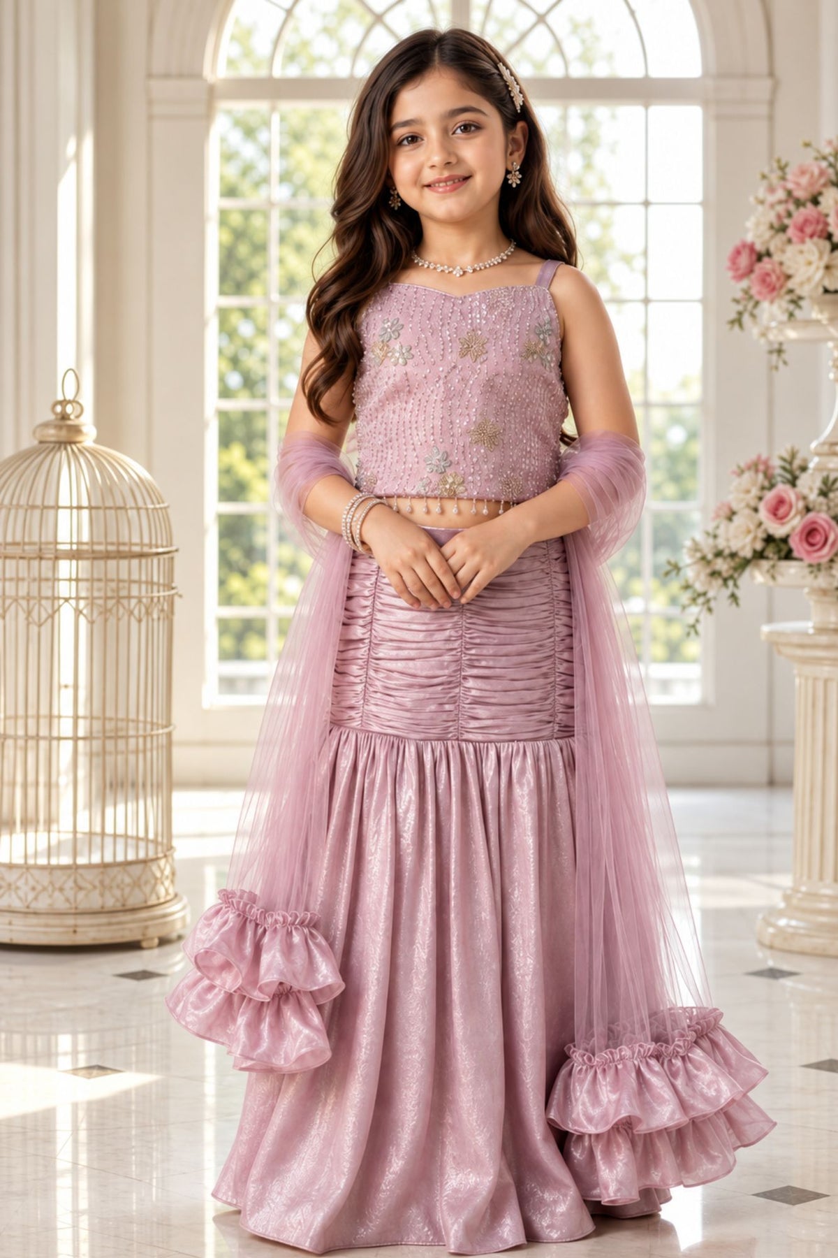 Pastel Pink Sequin Embellished Mermaid Lehenga Set For Girls