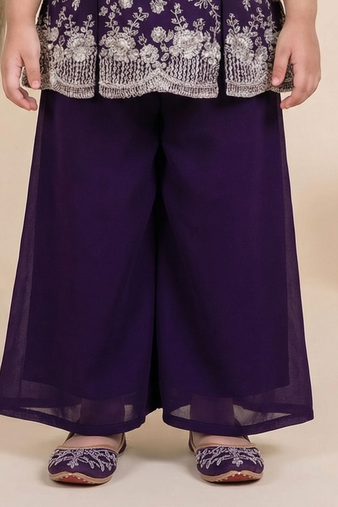 Royal Purple Embroidered Georgette Palazzo Set For Girls