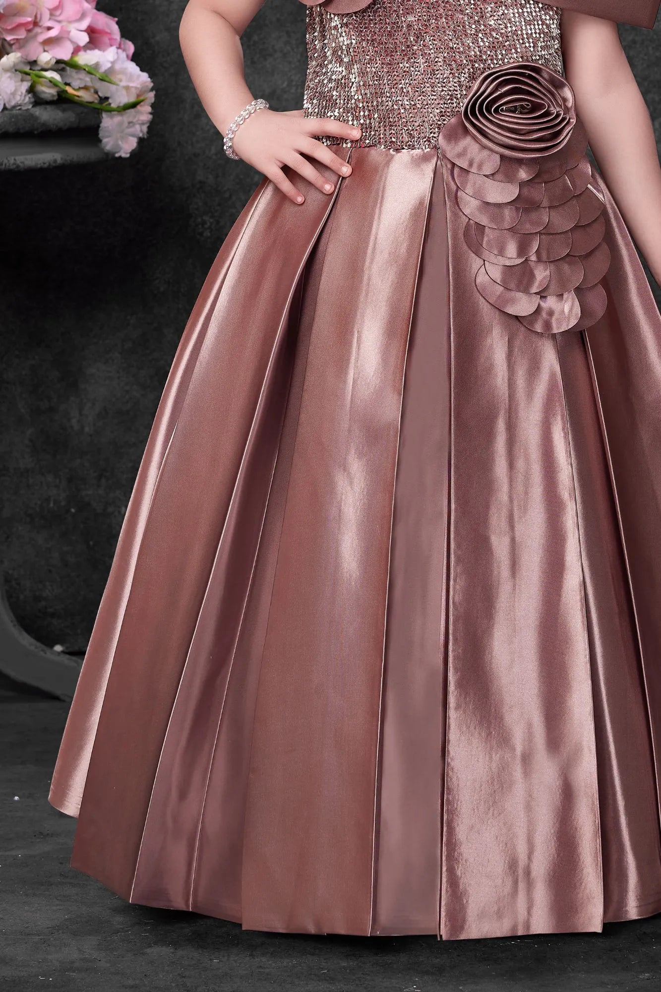 Rose Gold Satin Party Wear Gown with Floral Appliqué For Girls