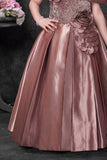 Rose Gold Satin Party Wear Gown with Floral Appliqué For Girls