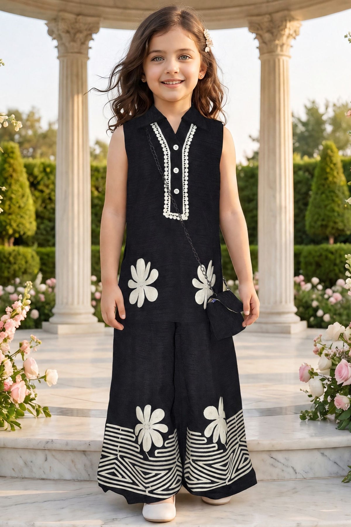 Black & White Floral Embroidered Sleeveless Co-ord Set For Girls