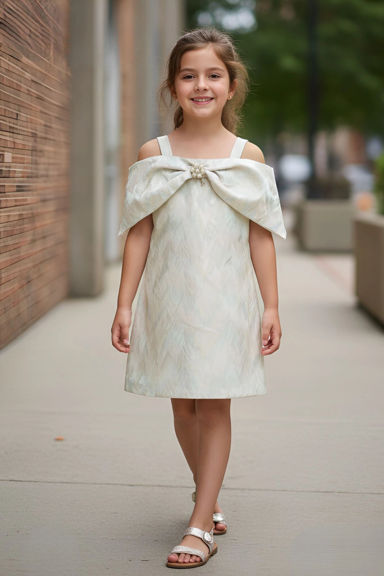 Ivory Off-Shoulder Bow Party Dress For Girls