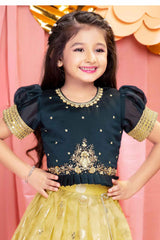 Navy Blue And Yellow Puff Sleeves And Sequin Embroidered Pattu Pavadai Set For Girls