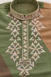Boys Ethnic Sage Green And Brown Geometric Embroidered Kurta Pajama Set