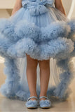 Girls Blue Party Frock with 3D Floral Detail and Layered Tulle