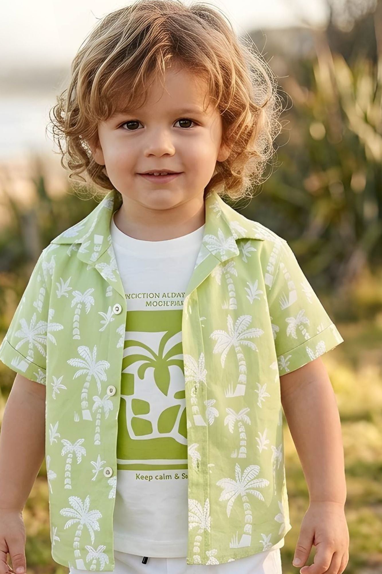 Boys Lime Green Tropical Printed Shirt with White Cargo Shorts Co-Ord Set