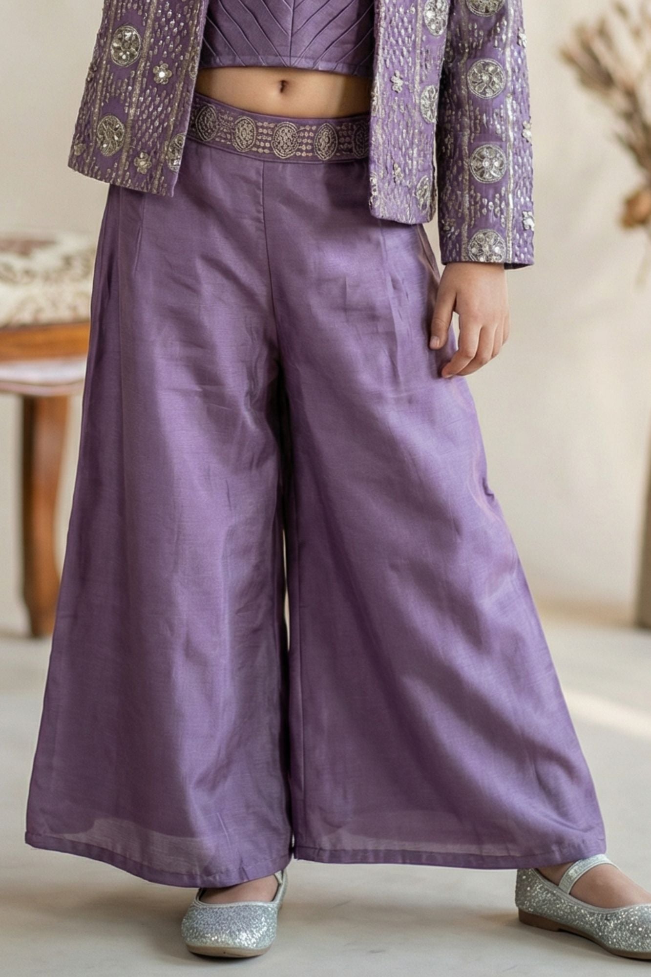 Lavender Embroidered Crop Top and Jacket Palazzo Set For Girls