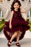 Girls Maroon Sequin Layered Ruffle Tailback Party Wear Frock With 3D Floral Detailing