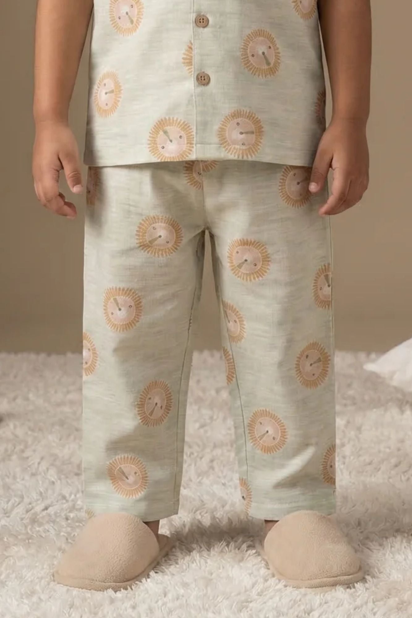Beige Lion Print Cotton Night Suit Set For Boys