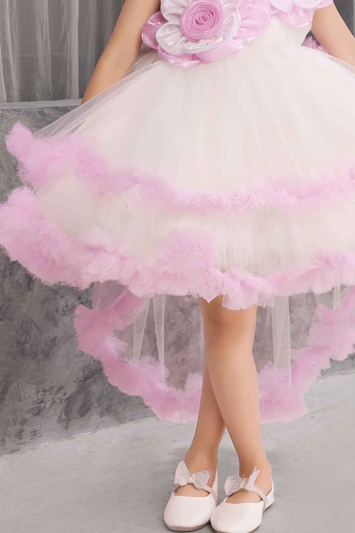 Lavender Ruffled Party Wear Tailback Frock With Floral Embellished For Girls