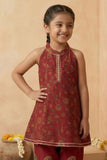Girls Maroon Printed Kurti with Dhoti Pants Set