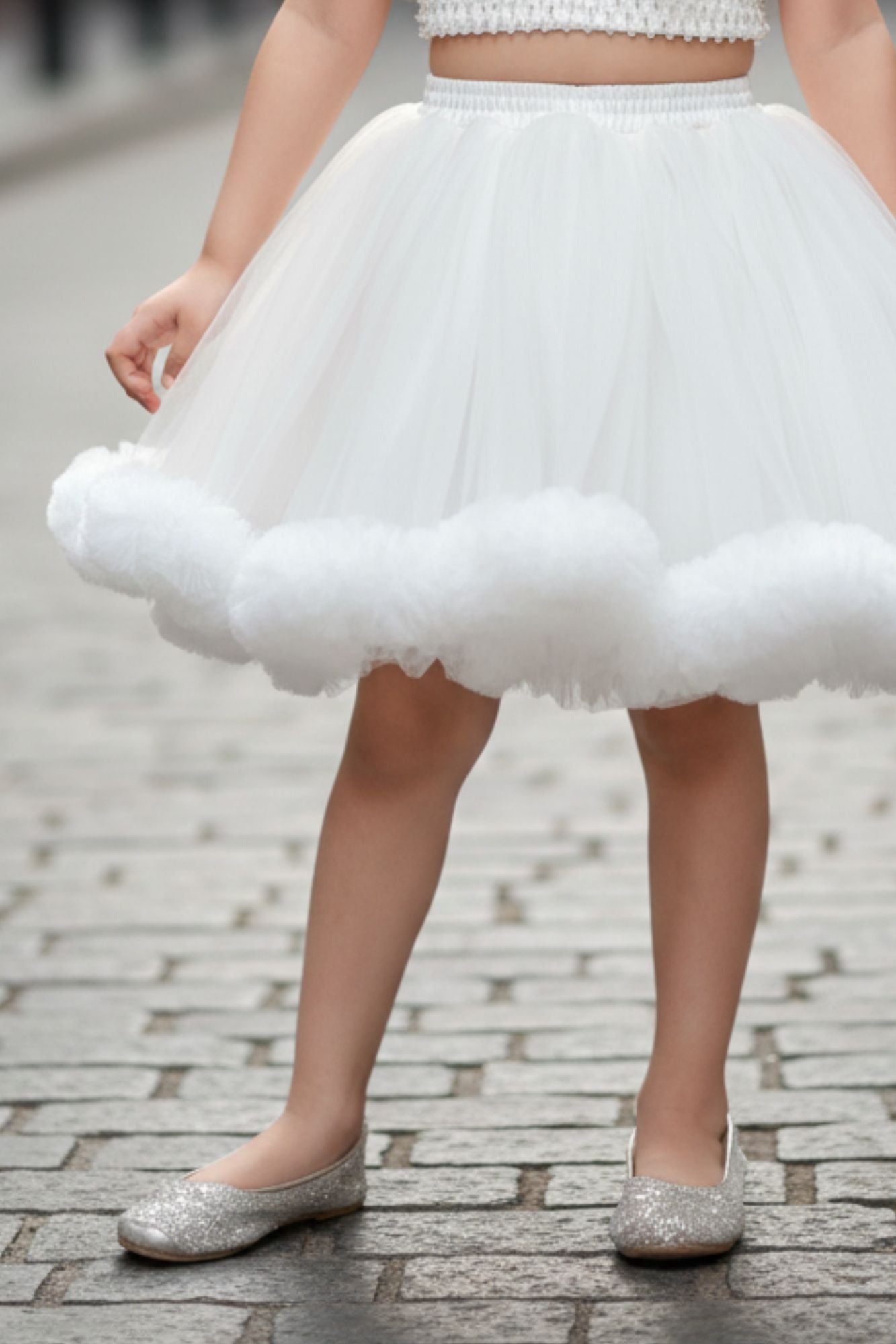 White Ruffled Sequins And Pearl Work Skirt Set For Girls