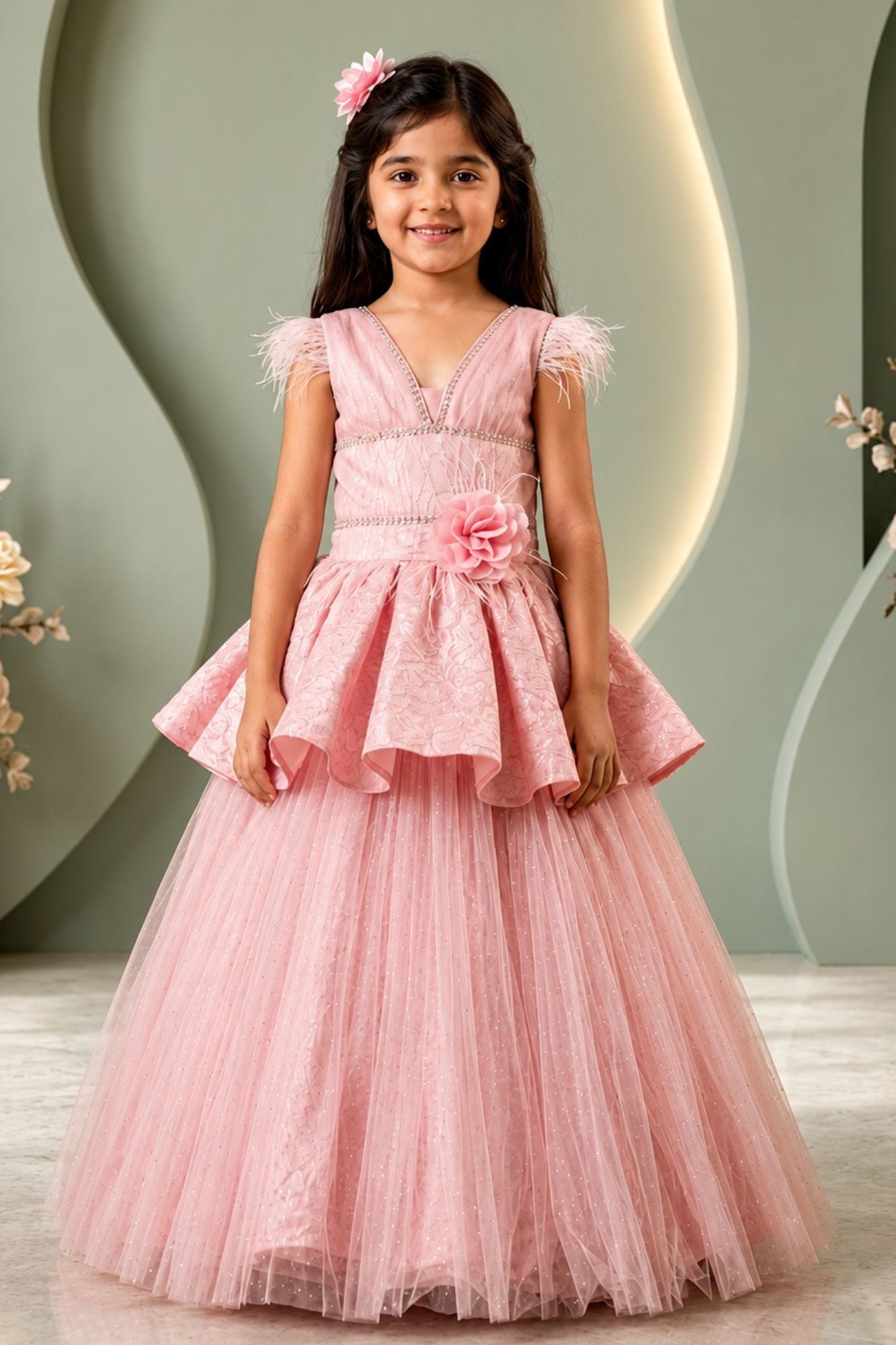 Girls Pink Layered Ball Gown with Feather Sleeves and Floral Accent