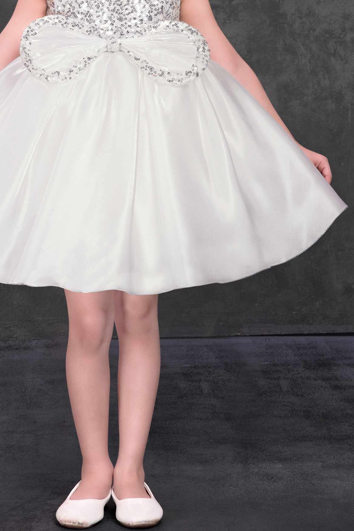 White Sequin Party Wear Frock with Bow Detail For Girls