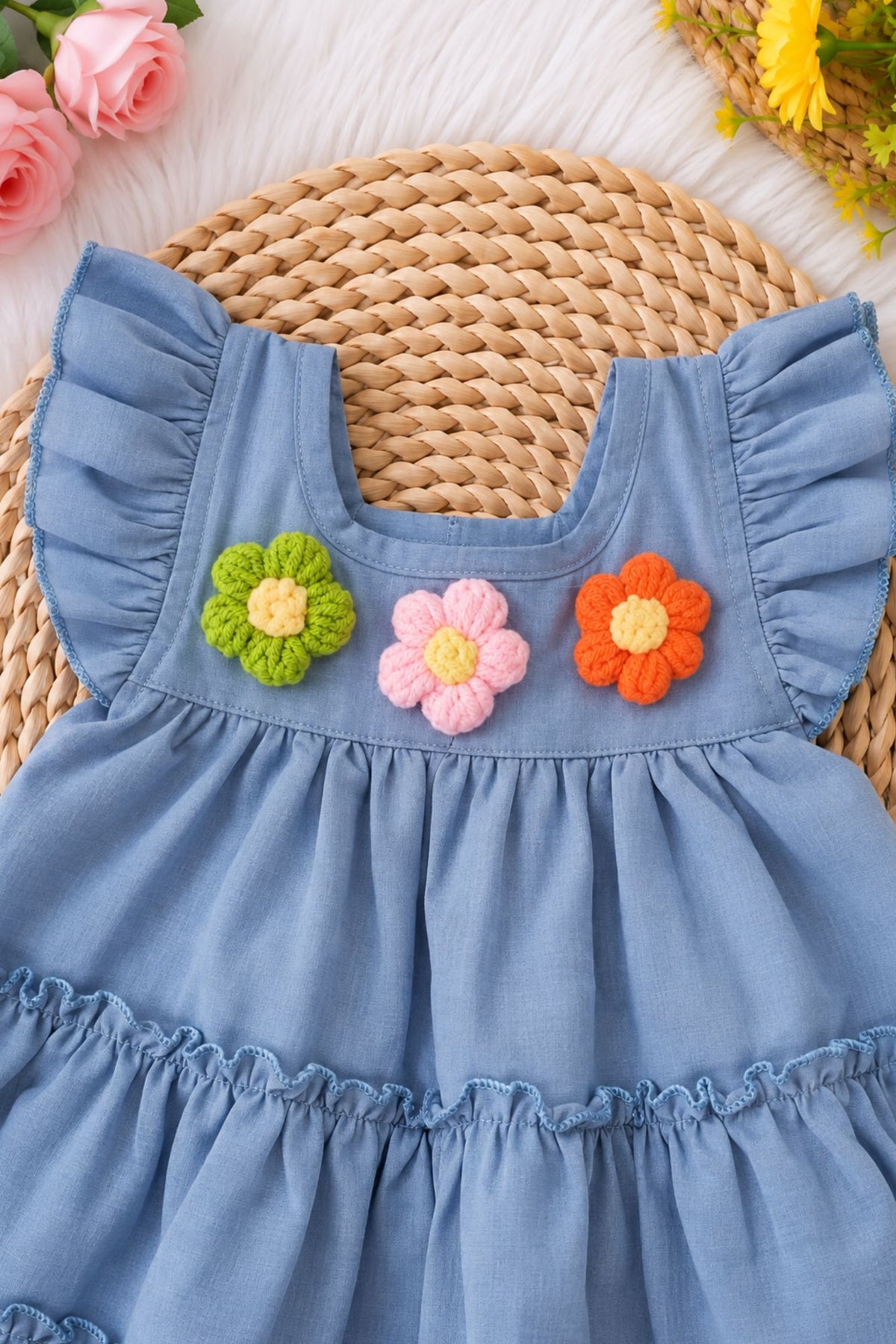 Girls Yoke frock with Ruffeled Sleeves And Emblished Crochet Flowers