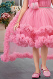Baby Pink Layered Ruffle Party Frock With Tailback For Girls