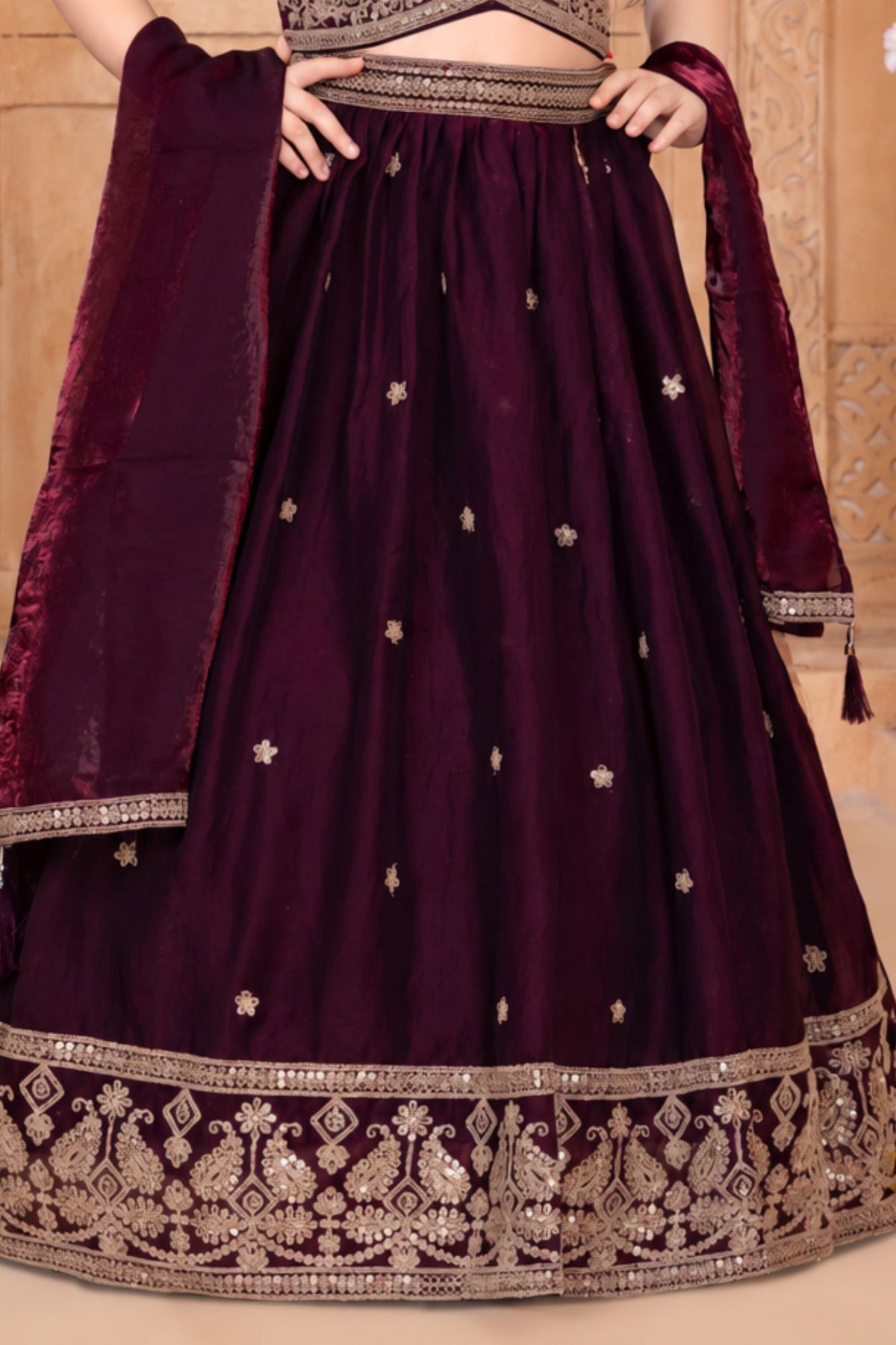 Girls Wine Embroidered Lehenga Choli Set With Dupatta