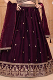 Girls Wine Embroidered Lehenga Choli Set With Dupatta