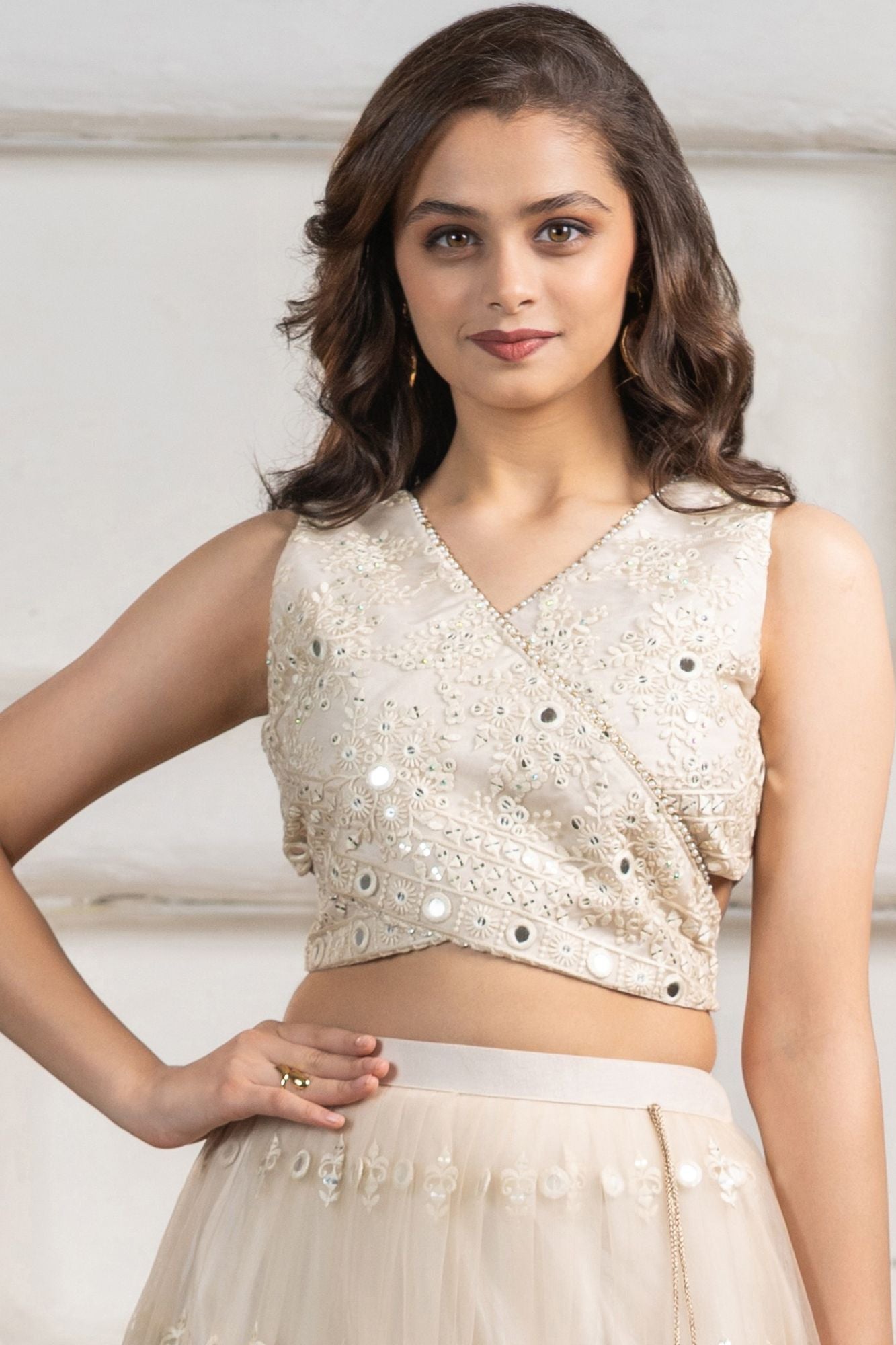 Elegant Cream Embroidered Lehenga Choli Set With Dupatta For Girls