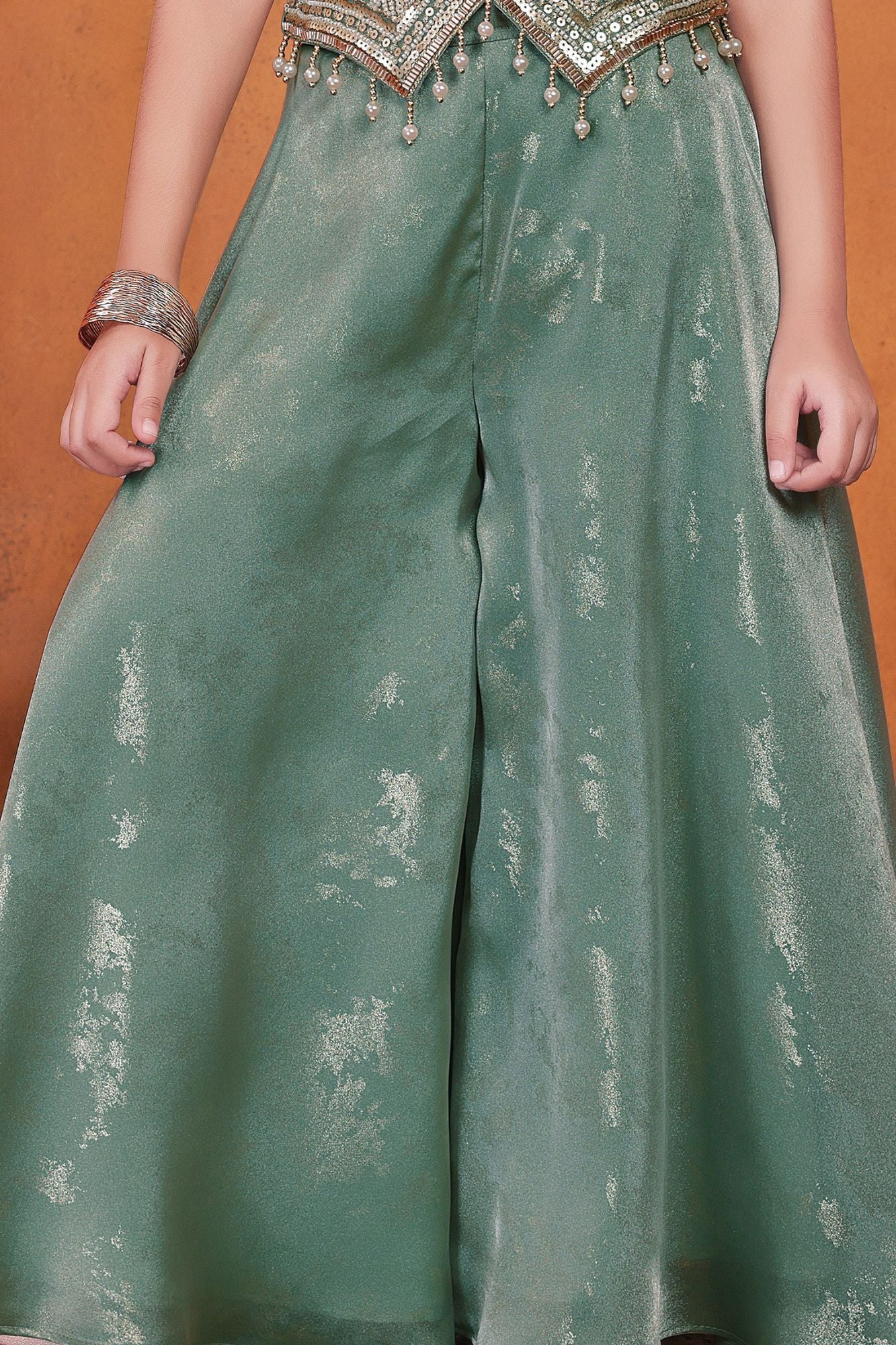 Girls Sage Green Embroidered Palazzo Set With Dupatta