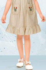 Beige Cotton Embroidered Casual Dress With Flutter Sleeves For Girls