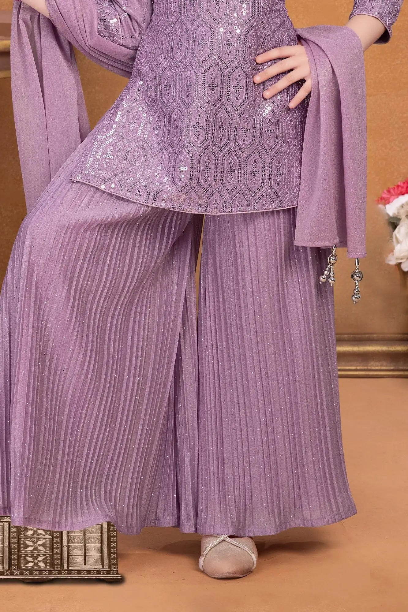 Lavender Sequin Embroidered Palazzo Set with Dupatta For Girls