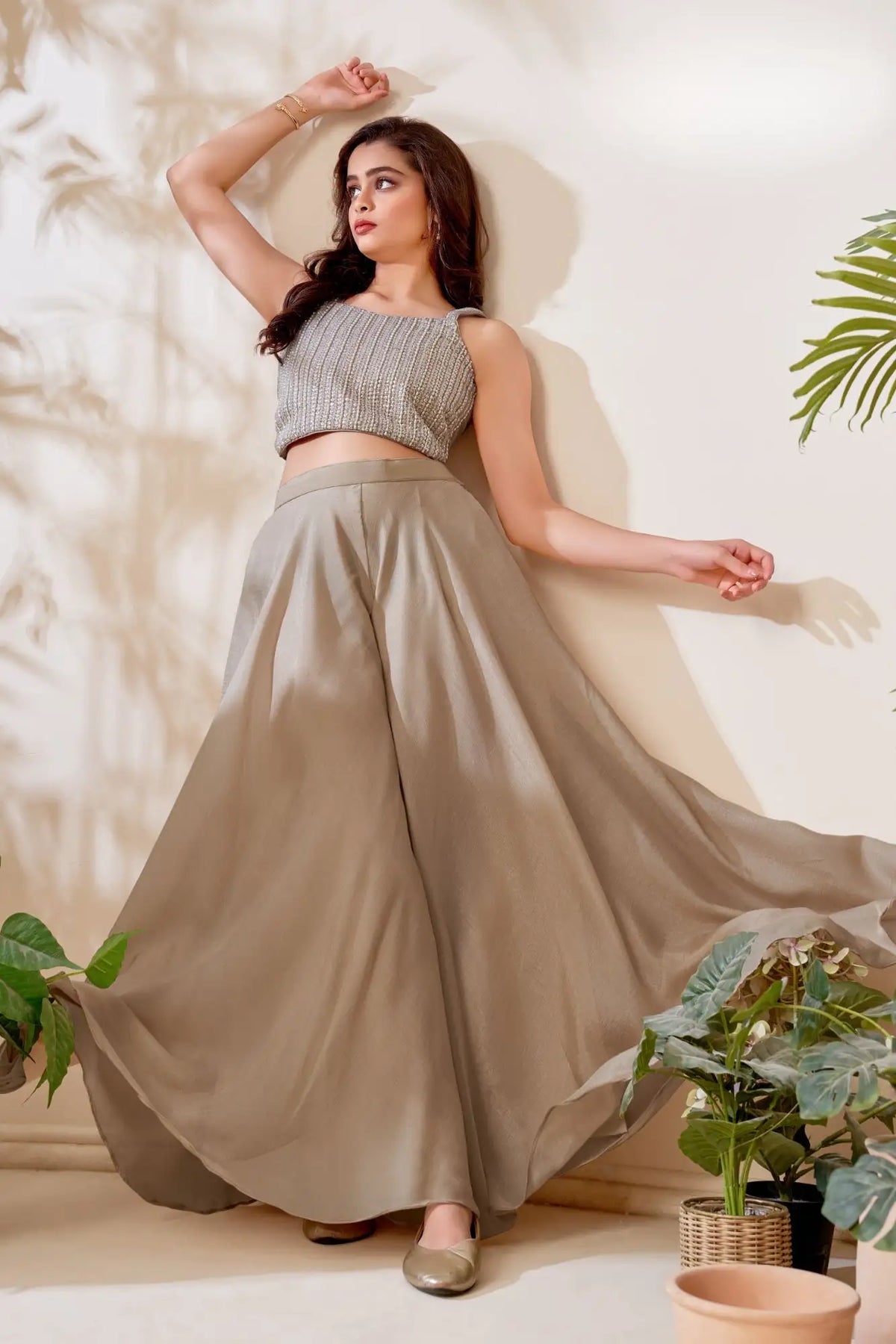 Beige Palazzo Set with Hand-Sequinned Crop Top For Girls