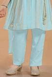 Sea Green Kurta Set with Golden Stripes And Tassel Dupatta For Girls
