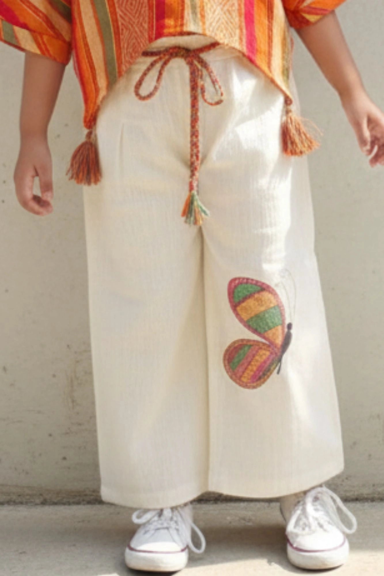 Vibrant Orange & Ivory Butterfly Embroidered Set For Girls