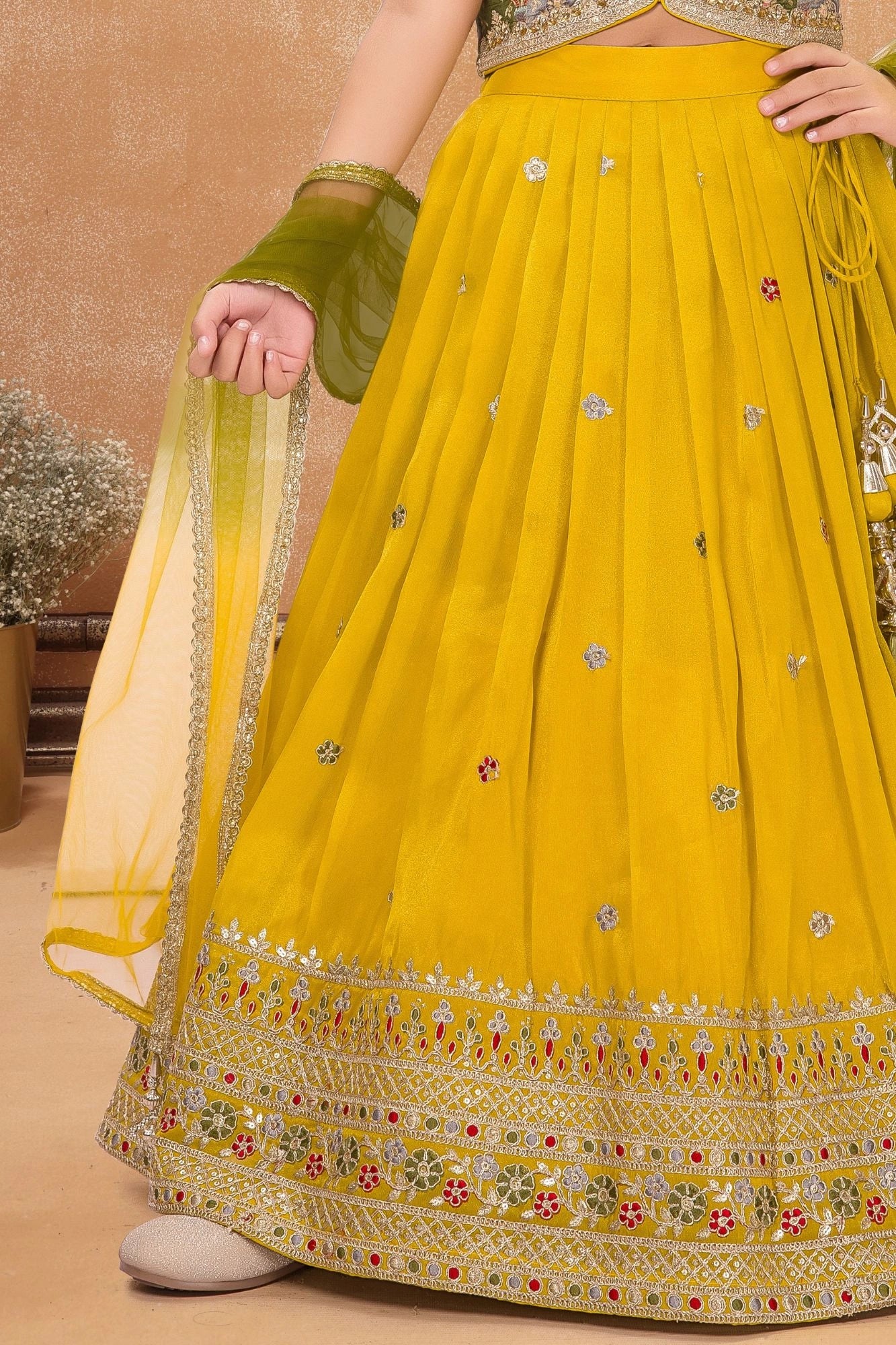 Mustard Yellow Embroidered Lehenga Choli Set For Girls