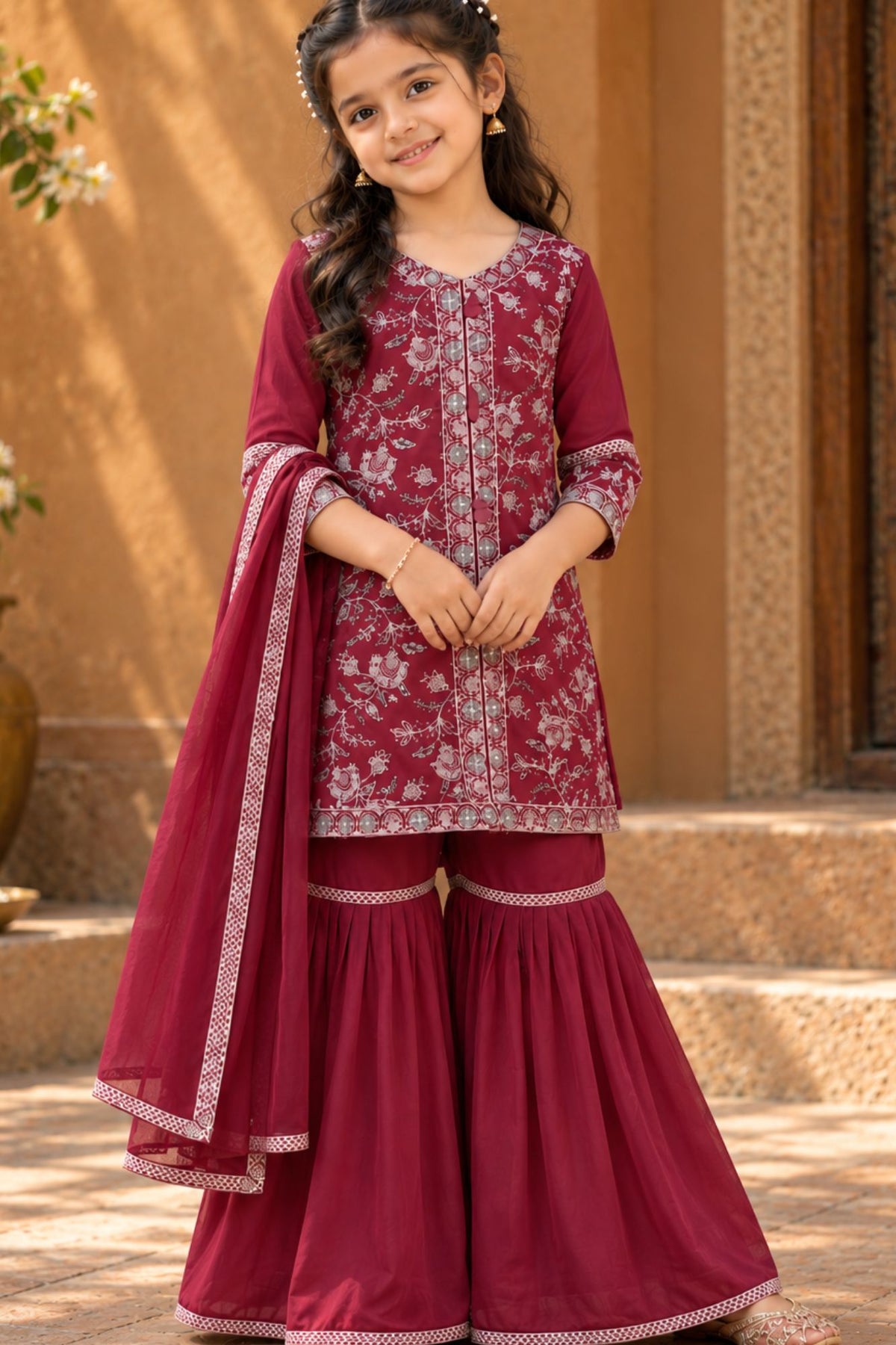 Dark Mauve Thread Embroidered Short Kurti with Sharara and Dupatta For Girls