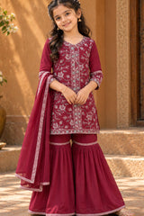 Dark Mauve Thread Embroidered Short Kurti with Sharara and Dupatta For Girls